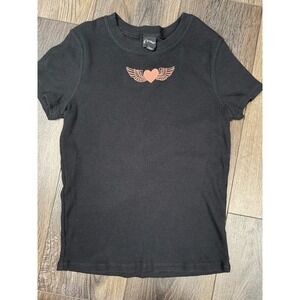 Y2K Inspired Baby Tee Black Ribbed Heart Wings Graphic Top XS/S